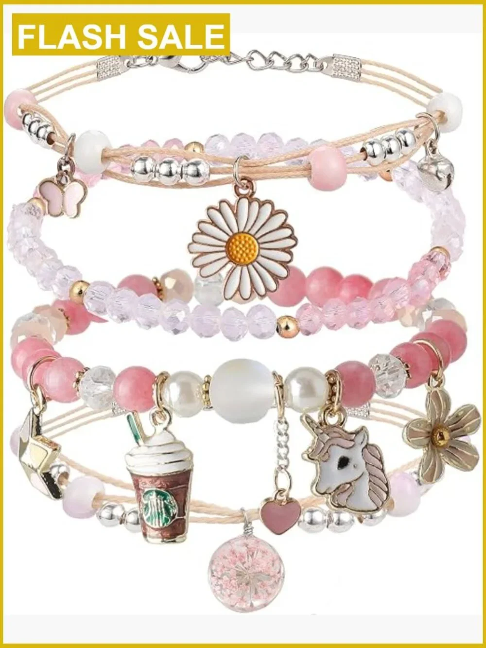 4Pcs Beaded Charm Bracelets Set for Girls Dainty Crystal Pearl Stretch